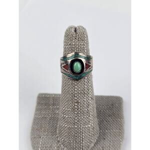 Vintage Signed GC Crushed Turquoise Coral Sterling Silver Ring Size 4.5